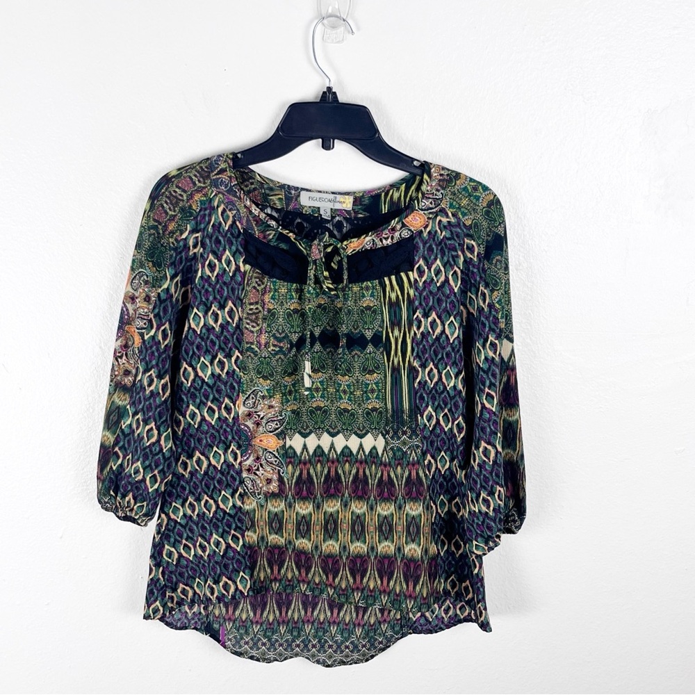 FIGUEROA & FLOWER Multicolored Lace TrimTie Neckline Mixed Prints Top Small Boho
